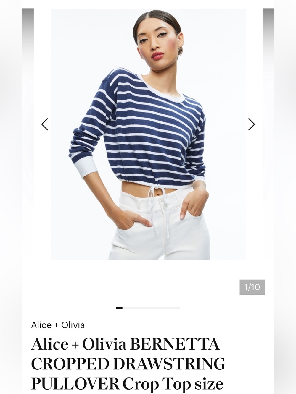 Alice + Olivia Navy & White Striped Cropped Drawstring Sweater. Size Small.